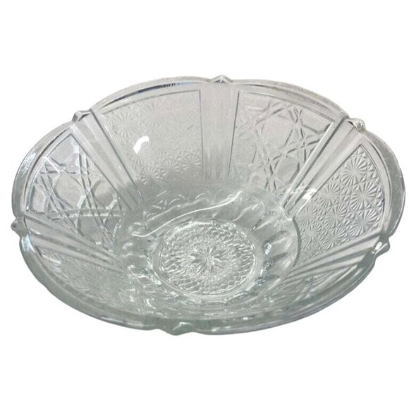 Vintage Clear Pressed Glass Serving Bowl With Intricate Geometric & Floral Patte - Picture 3 of 5